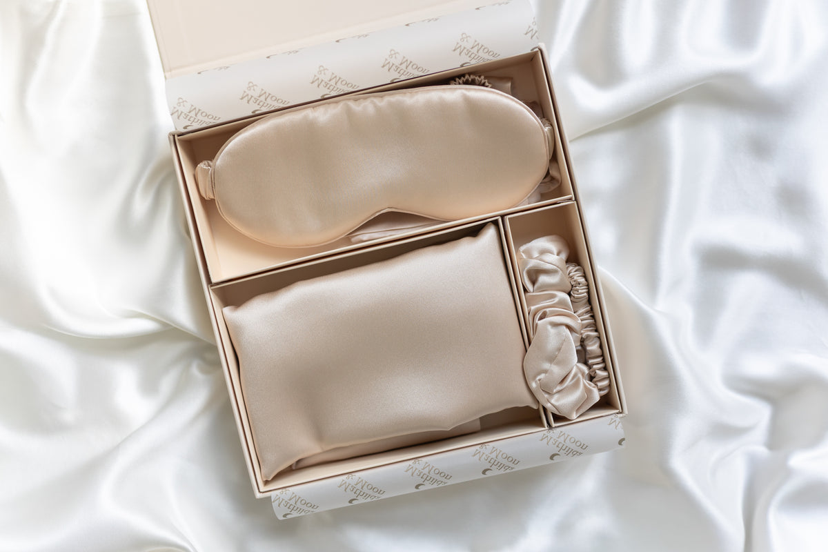 Beige luxury 22 momme Mulberry silk gift set with silk pillowcase, sleep mask and scrunchies in a gift box